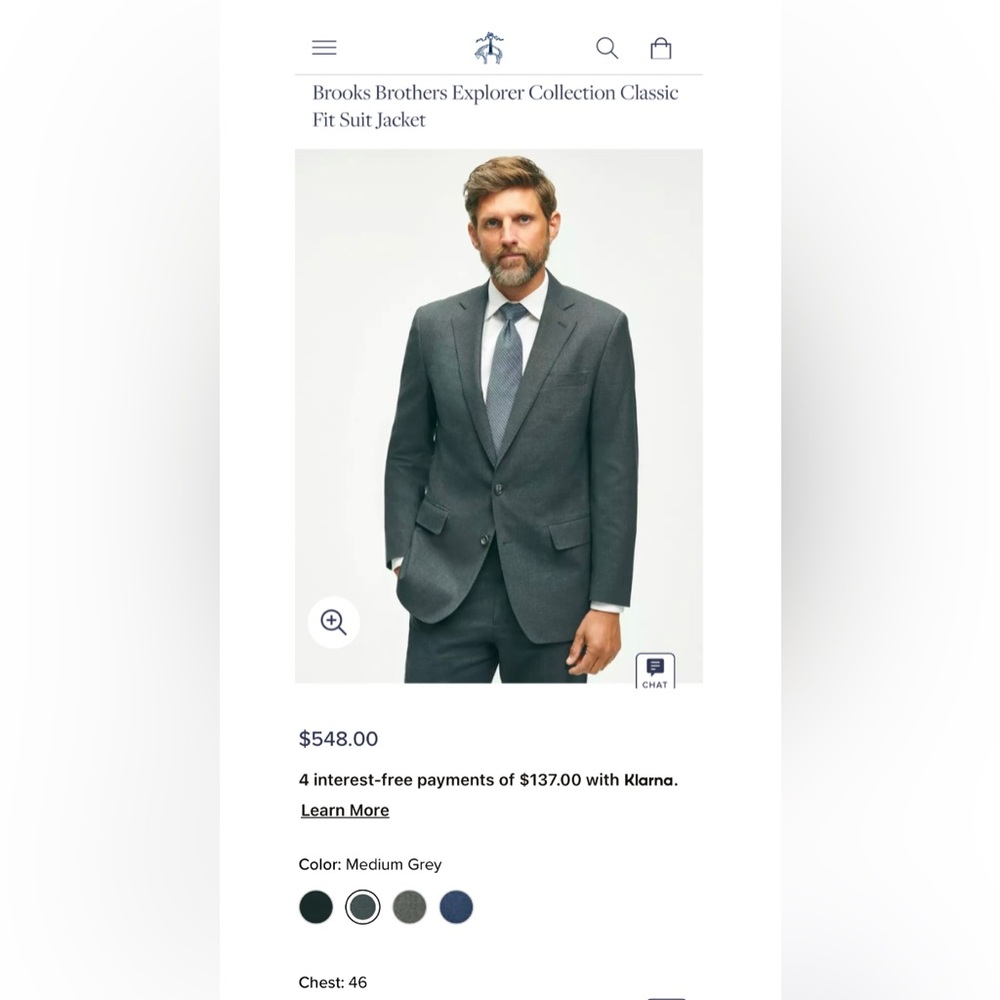 Brooks Brothers collection fit suit jacket. Medium Grey. 46R